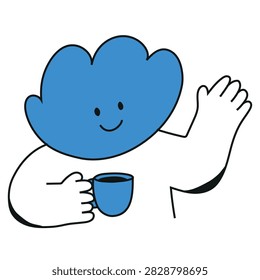 Cute Cloud Character Waving Coffee Illustration