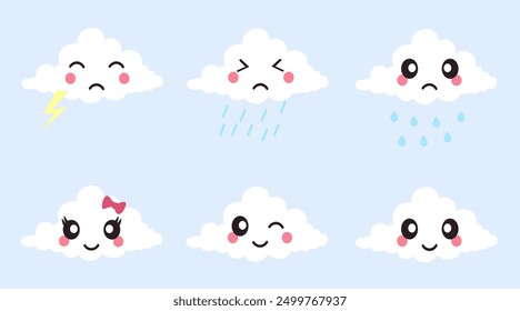 Cute cloud characters set. Cloud symbols, weather icons, nature design. Vector illustration of icons for design.