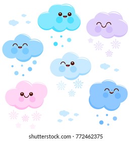 Cute cloud characters and snowflakes. Vector illustration
