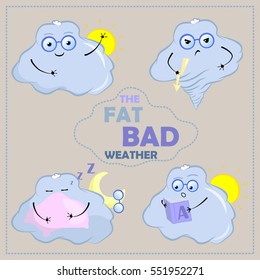Cute cloud characters vector clipart. Cloud with face and glasses. Funny stickers with emotions: good mood, angry, sleepy, surprised. Bad weather character for weather forecast, nursery art and design