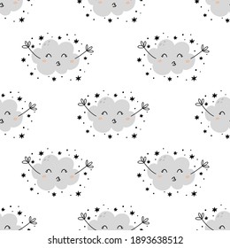 Cute cloud childish seamless pattern with adorable character with stars around. Hand drawn Scandinavian style vector illustration. Cute childish pattern for nursery, baby apparel, fabrics and textiles