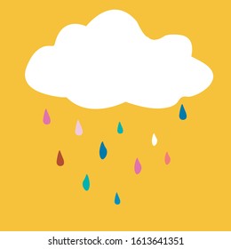 Cute Cloud with Colorful Rain Drops. yellow background. Square Template