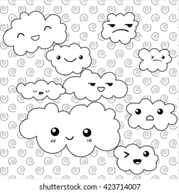 Cute cloud coloring book page. Funny clouds emotions. Vector illustration.