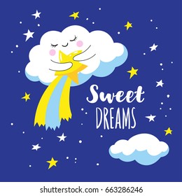 Cute cloud with comet and stars in space. Vector illustration is suitable for greeting cards and prints on T-shirts.