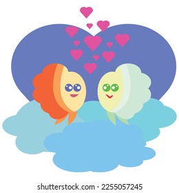 Cute Cloud Pärchen verliebt sich über den Wolkengrafik-Cartoon.