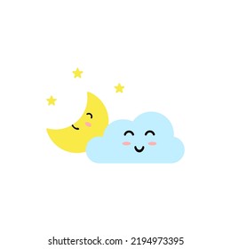 Cute Wolke und Halbmond mit Emoji Gesicht lächeln im Himmel mit Sternen auf weißem Hintergrund.Vektorgrafik von Wetter, Vorhersage, Traum, Urlaub, Glück.