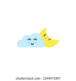 Cute cloud and crescent moon with emoji face smile in the sky on white background.Vector illustration of weather, forecast, dream, holiday, happiness.
