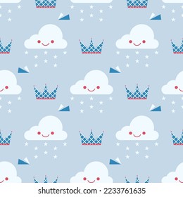 cute cloud and crown on blue background. seamless pattern. vector illustration.