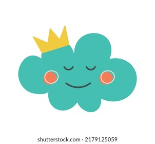 Cute cloud with crown. Sticker for social media, element for print on childrens clothing. Adorable character, calendar or diary sticker, notebook decoration for kids. Cartoon flat vector illustration