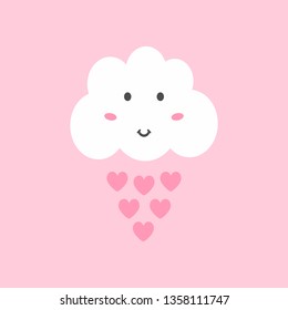 Cute cloud with eyes, smile and blush and raindrops in the shape of hearts. Funny girly vector illustration.