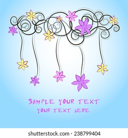 Cute cloud with flowers and hanging from it flowers in the form of postcards