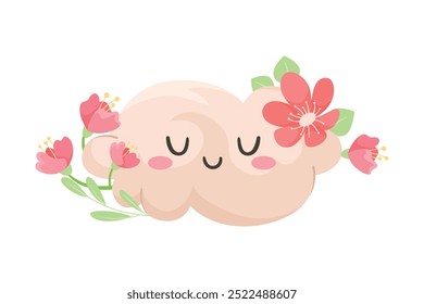 Cute Cloud with Flowers and Pretty Face Vector Illustration