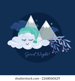 The cute cloud with the hat is sleeping. Behind it mountains with elegant plants.