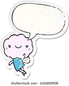 cute cloud head creature with speech bubble distressed distressed old sticker