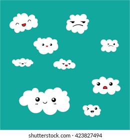Cute Cloud icon collection on blue sky background. Funny emotions. Vector set illustration.