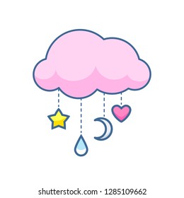 Cute cloud icon with droplets - star, moon, drop and heart. Sweet childlren vector illustration.