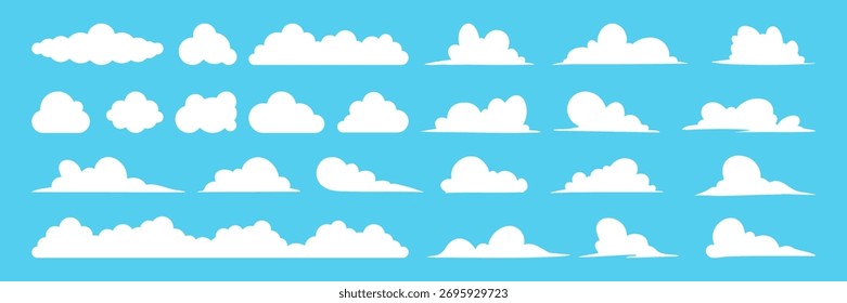 Conjunto de iconos de nube linda. Colección de nubes blancas de la historieta en estilo plano, aislado en un fondo azul. Perfecto para gráficas de Clima y diseños con temas celestes.