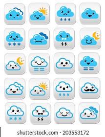 Cute cloud - Kawaii, Manga buttons with different expressions - happy, sad, angry 