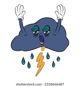 Cute cloud and lightning cartoon character, Rain cloud Cartoon style. hand drawn. for greeting cards, poster, sticker. Cartoon vector illustration