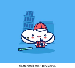 Cute cloud mascot of internet character as tourist carry digital camera in tourist attraction. Happy traveling holiday illustration concept vector
