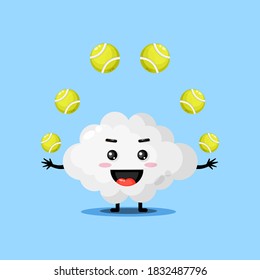Cute cloud mascot playing tennis ball