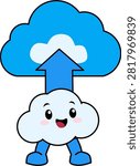 Cute cloud mascot with an upload arrow, representing cloud uploading, data transfer, file sharing, online storage, and digital connectivity