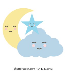 cute cloud with moon and star kawaii characters