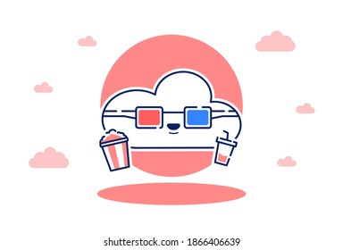 Cute cloud moviegoers watching movie cinema wear 3d glasses, eat popcorn and drink vector flat line illustration