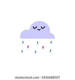 Cute cloud on isolated background. Vector illustration of a purple cloud with closed eyes and cheerful, colorful raindrops. Suitable for children's book or clothing design.