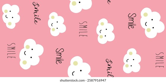 Cute cloud pattern with "smile" text on a pink background.