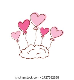 Nube suave con globos rosados aislados en fondo blanco. Feliz día de San Valentín. Corazones románticos dibujaron a mano la ilustración. Celebración de la fiesta de amor de boda. Decoración de dibujos animados.  