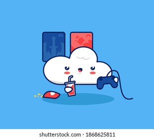 Cute cloud play video games console illustration. Internet cloud gaming game streaming platform technology for gamer concept