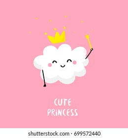 Cute Cloud Princess With A Magic Wand. Flat Style. Vector Card.