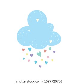 Cute cloud with rain of hearts. Cartoon vector illustration for baby shower.