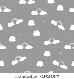 Cute Cloud With Rainbow Illustration On Gray Background. Hand Drawn Vector. Seamless Pattern With White Cloud And Rainbow. Doodle For Kid Fashion, Wallpaper, Wrapping Paper And Gift, Backdrop, Fabric.