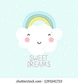 Cute cloud with rainbow and rain drops. T-shirt graphics for kids vector illustration. Cute vector.