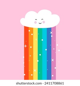Cute cloud with a rainbow. Shine. Sky. Pink background. Baby cute vector illustration.