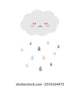 Cute cloud with raindrops isolated on white background.