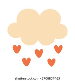 Cute cloud raining small hearts, simple flat illustration perfect for romantic cards and sweet designs.