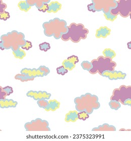 Cute cloud seamless pattern. Baby drawing cartoon wallpaper. Hand drawn clouds in pastel colors. Adorable birthday background in kawaii style. Vector illustration on transparent background