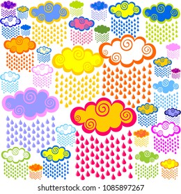 Cute cloud seamless pattern decorated with rain on white background. Colorful rain.  Childish handcrafted wallpaper for design card, baby nappy, diaper, scrapbook, holiday wrapping paper, textile.