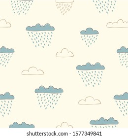 Cute Cloud seamless Pattern. Scandinavian Hand Drawn Style. Rainy Day. Dotted Background