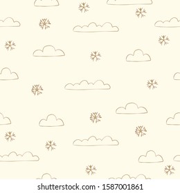 Cute Cloud seamless Pattern. Scandinavian Hand Drawn Style. Rainy Day. 