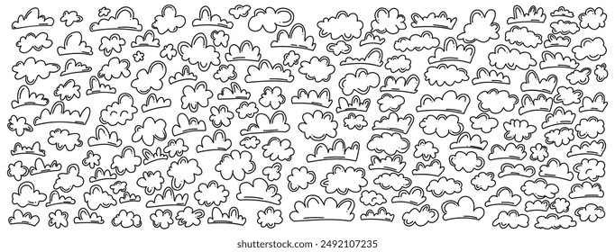 Cute cloud sketch icons collection on white background. Natural view of sky and atmospheric conditions through hand-drawn monochrome illustrations set