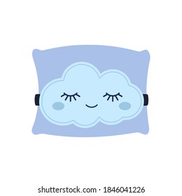 Cute cloud sleep mask on pillow isolated on white background. Baby print night character with closed eyes sleeps and dreams. Good night concept. Flat design cartoon vector illustration.