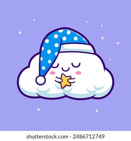 Cute Cloud Sleeping With Holding Star Cartoon Vector Icon Illustration. Science Nature Icon Concept Isolated Premium Vector. Flat Cartoon Style