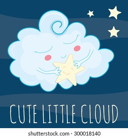 Cute cloud sleeping and holding yellow star in the night sky