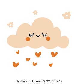 Una linda nube con una sonrisa y ojos cerrados, margaritas y lluvia cayendo de un corazón. Ilustración vectorial plana. 