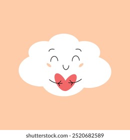 Nube linda con una cara sonriente que sostiene un corazón. Ilustración vectorial