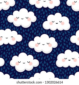 Cute cloud smiling face seamless pattern background with rain drop, repeating vector illustration